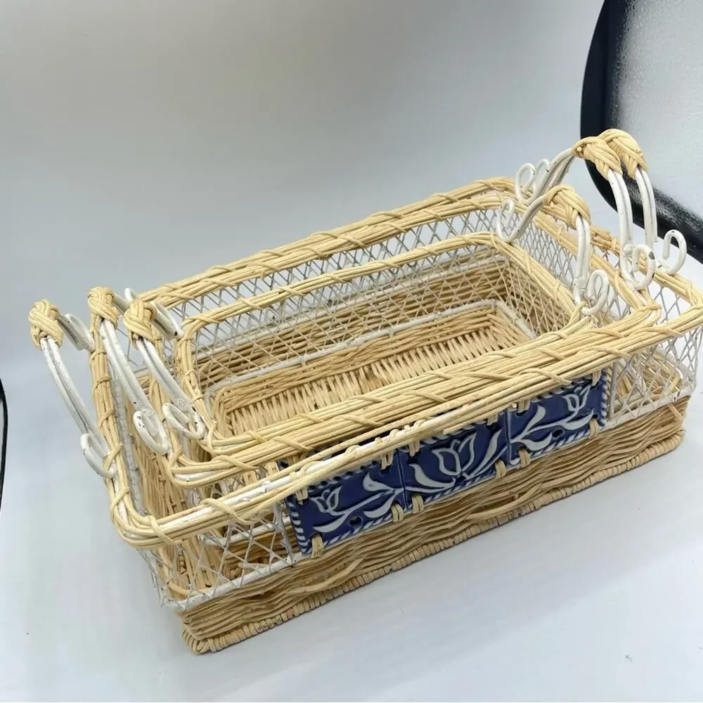 Vintage Three Piece Rectangle Woven Basket With Blue Porcelain Tile Accents